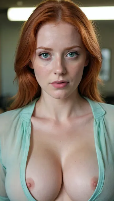 (((Front view))), photorealistic, masterpiece, An attractive redhead woman, innocent face, breasts, (big breasts), rounded breasts, upturned pink nipples, redhead hair, light green eyes, open blue shirt, no bra, 25 years old