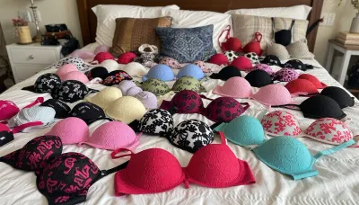 large bed, colorful lace bras every where on the bed