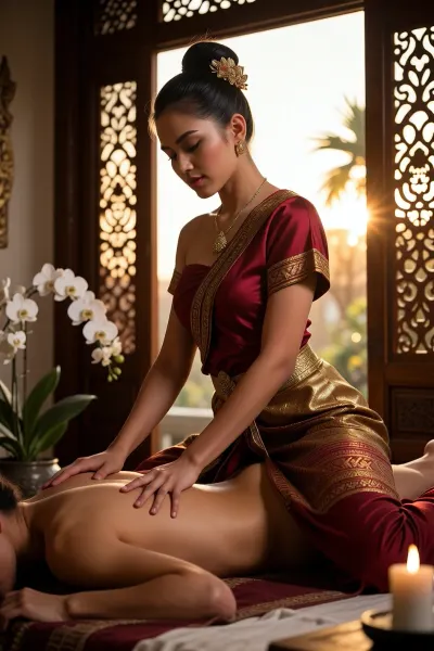 Extremely beautiful Thai masseuse, delicate elegant features, traditional crimson and gold silk uniform, performing deep back massage on client lying prone on massage table, golden sunset backlight through open carved wooden window, warm rim light outlining her silhouette, white orchids, luxury Thai spa interior, photorealistic, ultra detailed