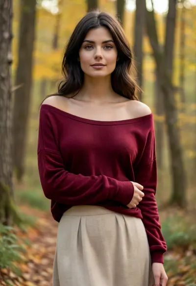 (masterpiece, best quality:1.2), 1 spanish 25yo woman, (wearing a baggy bordeaux velvet wide oval neck sweater, braless, long beige linen skirt:1.5), bright ice blue eyes, (long raven black hair, updo hair with straight bangs:1.2), (sporty body with heavy hanging natural boobs:1.4), she is outdoors in autumn woods, photorealism, beautiful sunset, smiling look, clothes, bustysophie, <lora:style_lora_realis:.5>, <lora:Detailed_female_hands-000001:.5>, <lora:bustysophie_xl_v1.1:.8>