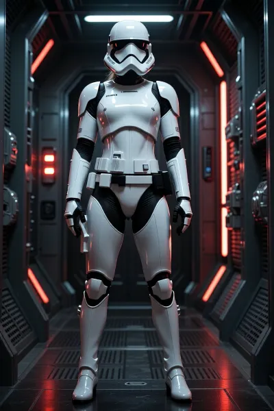 A full-body portrait of an elite female stormtrooper standing at attention inside a sleek Imperial corridor. The armor is unmistakably stormtrooper armor but subtly tailored for a woman, with elegant athletic proportions and a commanding presence. The polished white armor contrasts against the dark metallic interior illuminated by red Imperial warning lights. Her pose radiates authority, discipline, and confidence. Reflections shimmer across the armor's glossy surfaces. Cinematic framing, realistic science-fiction photography, ultra detailed armor, photorealistic materials, dramatic lighting, sharp focus, high-end movie production quality, Star Wars universe aesthetic.