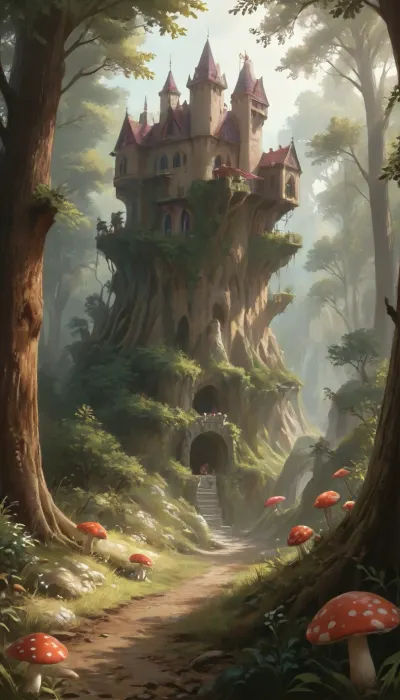 A mushroom kingdom with a castle and a forest. In this kingdom, trees are shaped like penises, large and small., <lora:NEOTOKIOXL_0.2_RC:2>, <lora:MJ52:.8>