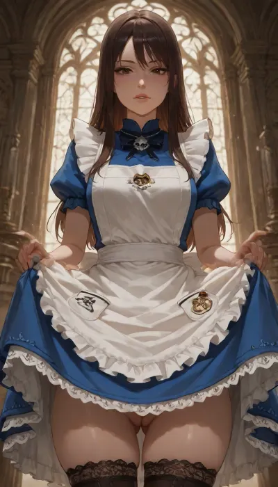 Alice Liddell, (Alice from Alice Madness returns), (American McGee Alice game series), Alice appearance, (Alice overall appearance), Alice hair, Alice eyes, Alice has straight, dark auburn hair that it cut just past the shoulder, which has a center parting and no fringe.
She wears a navy blue dress with short puffy sleeves, a fanned-out skirt that is cut to about mid-leg and a skull called Hollow Yves decorated with a white bow and ribbon. To complete the outfit, Alice wears a simple white apron over the dress, black-and-white stockings underneath, and black knee-high boots which are secured with silver buckles.
Her outfit sports astronomical symbols on the apron pockets, although they are depicted inconsistently throughout artwork and in-game models. In the remaster of American McGee's Alice, her in-game dress symbols are, (Eris), and, (Jupiter), like Madness Returns. She wears a silver necklace of the Greek letter Omega, Blood can be seen splattered over her apron and skirt.
She is 22 years old, Alice body, (Alice body proportions), beatiful body, nude from the bottom, (vagina), (shaved pussy), She is lifting up her dress and showing her pussy, looking at viewer, Completely white background, professional image, very detailed image, 4K image