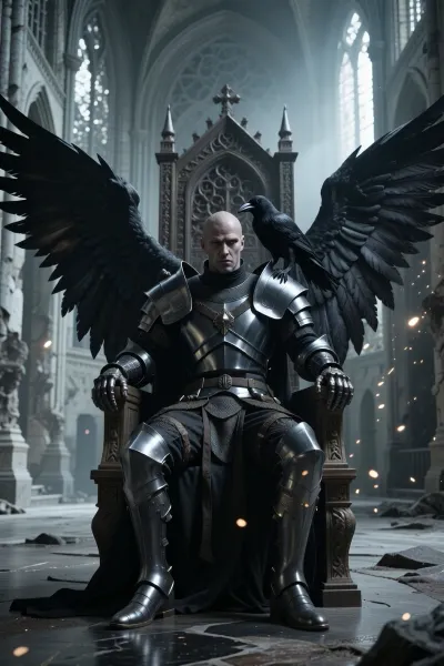A hyperrealistic “low-key” portrait photograph depicting a somber, dark angel with a stern gaze and enormous black wings, seated in armor upon a majestic ancient Gothic throne in the vast, empty hall of a ruined cathedral. An intelligent black raven sits on the angel’s shoulder, whispering in his ear. Ash and glowing sparks fly into the cathedral through the windowpanes without glass, dramatic, three-dimensional cinematic lighting, a desaturated, cold color palette, photorealism, high resolution, (cinematic composition)