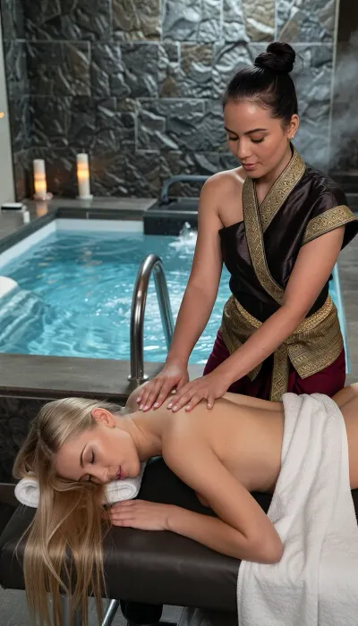 A cinematic, high-end realistic photography capturing the authentic atmosphere of a luxury oriental wellness spa. In the foreground, a beautiful young Western woman with distinct Caucasian features is lying face down on a professional massage table, her eyes are closed. Her long, silken blonde hair flows loosely over the edge of the headrest. A crisp white cotton towel is elegantly draped across her lower back and buttocks. Standing beside her, an authentic Thai masseuse with distinct Southeast Asian ethnic features, an authentic Thai facial structure, and her dark hair tied up in a neat bun is performing a traditional massage, her arms and palms flat, pressing firmly into the skin of the upper back in a smooth, fluid professional motion. The masseuse has a warm golden-tan skin tone and wears a realistic, elegant modern Chut Thai spa uniform consisting of a dark silk wrap blouse with gold brocade patterns. The background clearly showcases a clean spa environment, a large, steaming luxury jacuzzi pool with active, bubbling water jets, set against a wall of textured dark slate stone. Volumetric soft ambient lighting cuts through the gentle steam, illuminating simple scented candles. Rich textures, natural skin pores, high contrast, shot on 35mm lens, photorealistic, 8k.