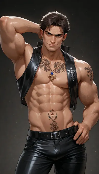 anti-hero man, very manly, satanist tattoo on torso, gothic and religious jewels around neck, armpits, fingers, earings, he has a very large and smirk smile, a priest vest open revealing his torso, a leather pant, standing