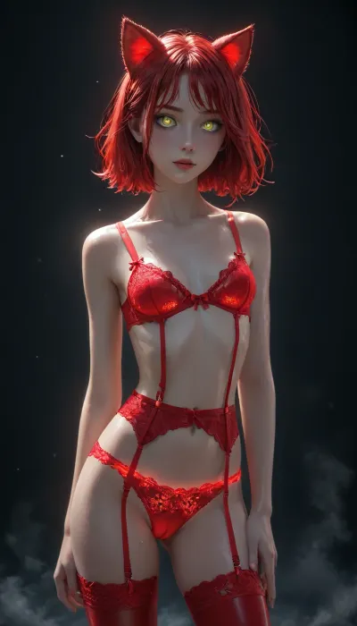 Dark black background, 1girl, detailed face, beautiful eyes, perfect illumination, (best shadow), slim body, cameltoe, {{small elastic breast}}, red hair, freckles, green eyes, superhero, perfect elastic ass, upper body portrait, Sexy lingerie with suspenders, glowing lace panties, lace garter belt, lace thigh high, glowing panties, glowing bra, sexy lace stockings with suspenders, thigh high boots, wet, hair wet, face wet, cat ears, Charming petite girl, (Multicolour bright Hairstyle), (charming eyes, bright red glowing pupils:1.5), showing pussy in panty_pull, <lora:Red_and_black__gothic_fantasy-000007:2>, <lora:light_contour_sdxl:2>, <lora:Glowing_beach:2>, <lora:glowneon_xl_v1:2>