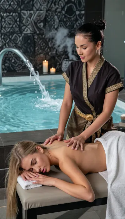 A cinematic, high-end realistic photography capturing the authentic atmosphere of a luxury oriental wellness spa. In the foreground, a beautiful young Western woman with distinct Caucasian features is lying face down on a professional massage table, her eyes are closed. Her long, silken blonde hair flows loosely over the edge of the headrest. A crisp white cotton towel is elegantly draped across her lower back and buttocks. Standing beside her, an authentic Thai masseuse with distinct Southeast Asian ethnic features, an authentic Bangkok facial structure with gentle epicanthic folds and softly rounded features, and her jet-black hair tied up in a neat bun is performing a traditional massage, her hands resting naturally on the client's shoulders, applying steady professional pressure. The masseuse has a warm golden-tan skin tone and wears a realistic, elegant modern Chut Thai spa uniform consisting of a dark silk wrap blouse with gold brocade patterns. The background clearly showcases a clean spa environment, a large, steaming luxury jacuzzi pool with active, bubbling water jets, set against a wall of textured dark slate stone. Volumetric soft ambient lighting cuts through the gentle steam, illuminating simple scented candles. Rich textures, natural skin pores, high contrast, shot on 35mm lens, photorealistic, 8k.