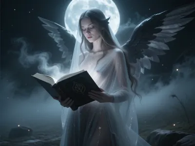 Create a porttrait of The Dark Angel, A tall, ethereal female spirit standing beneath a pale moon, her form partially transparent, soft light passing through her body and wings. She appears half‑real, half‑spirit, edges dissolving gently into thick mist. Long flowing hair drifting weightlessly, a faint inner glow beneath her skin, like moonlight trapped inside her. Her wings are translucent shadow, fading into the night air. She holds a large open book made of shadow‑light, its pages glowing faintly with runes, symbols and soft mist rising from the text. Her eyes reflect the glow of the book, faintly luminous. Her posture is calm and purposeful as she reads. The gown is made of thin, luminous fabric that becomes mist at the edges. A translucent shroud draped over her form, delicate as mist, faintly textured like fine silk or dew‑woven threads. The book beneath glows softly, its light diffusing upward through the veil, illuminating her face. The veil catches faint moonlight at its edges, revealing her silhouette but never her skin. The fabric darkens toward the hem, moon‑graphite tones. She stands with balanced, natural posture — relaxed shoulders, gentle torso twist, weight resting lightly on one leg, she appears to float, in a quiet, moonlit clearing surrounded by drifting fog, the environment subtly visible through her silhouette. Soft, spectral, serene, otherworldly.

cinematic lighting, soft diffusion, pale cool tones, moonlit glow, gentle rim‑light, atmospheric depth, delicate highlights, dreamlike realism, painterly detail, subtle motion in the mist

full‑body view, centred figure, soft focus background, faint light rays, drifting particles, calm posture, slight forward lean, wings spread softly

colour palette of moon‑grey, charcoal mist, desaturated blue‑black tones, no pure white, soft reflective highlights like moonlight on dark silk, translucent greys instead of bright whites, subtle cool undertones, luminous shadows rather than bright glow