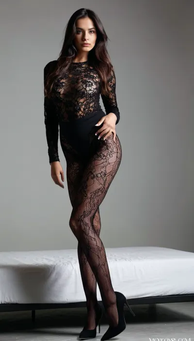 masterpiece, best quality, ultra realistic, photorealistic, black and white luxury fashion editorial, beautiful woman with long messy black hair, black bodysuit, floral lace pantyhose, pointed stiletto heels, posing seductively on a black metal bed, confident gaze toward camera. A tall, extremely handsome man with a strong jawline and athletic physique stands prominently behind her, wearing a perfectly tailored black suit and black shirt. He is the dominant presence in the composition, broad shoulders, powerful posture, intense expression, one hand resting on the bed frame, commanding body language, luxury male model, high-status charisma, sophisticated chemistry between the couple, Vogue-inspired fashion campaign, gray studio background, soft cinematic lighting, dramatic shadows, monochrome photography, sharp focus, realistic skin texture, detailed hair, full body shot, 85mm lens, shallow depth of field, high contrast, luxury magazine cover, professional fashion photoshoot, ultra detailed, 8k