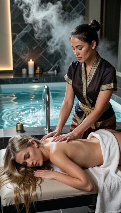 A cinematic, high-end realistic photography capturing the authentic atmosphere of a luxury oriental wellness spa. In the foreground, a beautiful young Western woman with distinct Caucasian features is lying face down on a professional massage table, her eyes are closed. Her long, silken blonde hair flows loosely over the edge of the headrest. A crisp white cotton towel is elegantly draped across her lower back and buttocks. Standing beside her, an authentic Thai masseuse with distinct Southeast Asian ethnic features, an authentic Bangkok facial structure, and her dark hair tied up in a neat bun is performing a traditional massage, her hands applying professional pressure into the skin of the upper back. The masseuse has a warm golden-tan skin tone and wears a realistic, elegant modern Chut Thai spa uniform consisting of a dark silk wrap blouse with gold brocade patterns. The background clearly showcases a clean spa environment, a large, steaming luxury jacuzzi pool with active, bubbling water jets, set against a wall of textured dark slate stone. Volumetric soft ambient lighting cuts through the gentle steam, illuminating simple scented candles. Rich textures, natural skin pores, high contrast, shot on 35mm lens, photorealistic, 8k.