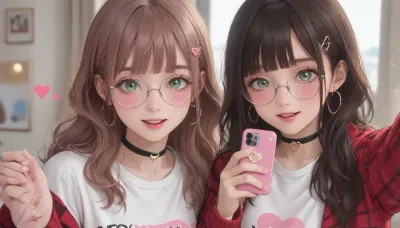 masterpiece, best quality, amazing quality, very 2girls, anime style, selfie, brown hair girl with long straight hair and blunt bangs, yellow-green eyes, pink heart hair clip, black choker with heart pendant, heart print black t-shirt, red plaid jacket, small hoop earrings, blushing cheeks, open mouth smile, holding pink smartphone, dark brown hair girl with long wavy hair, blue-green eyes, round gold glasses, dark brown zip-up hoodie with white drawstrings, white t-shirt underneath, blushing, bokeh background, warm pink tones, floating pink hearts, sparkles, close-up portrait, upper body, high quality, detailed, soft lighting, <lora:outline_xl_kohaku_delta_spv5x:1.3>, <lora:NEOTOKIOXL_0.2_RC:.7>, <lora:Ppolar-P3v1-NbVp10:.7>, <lora:cartoon_stickers_xl_v1:.5>