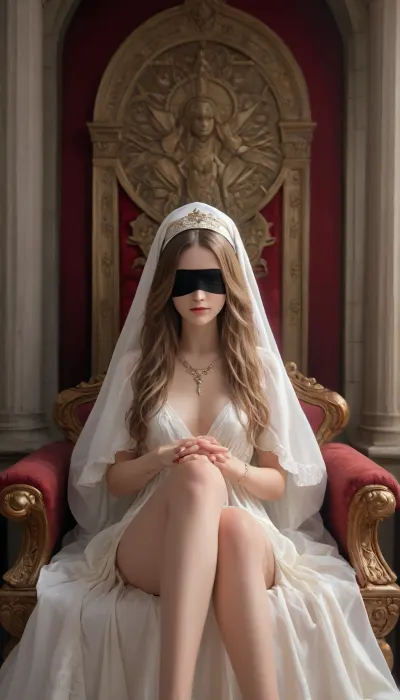 Tarot card, artistic erotic style, elegant beautiful woman as The High Priestess, fully nude with perfect body and soft lighting, sitting on ornate throne between two pillars, black silk blindfold, long flowing hair, mysterious and sensual pose, legs gently closed, moonlight and stars, ornate tarot border with "II" at top and "The High Priestess" at bottom in elegant lettering, highly detailed, cinematic lighting, masterpiece, 8k