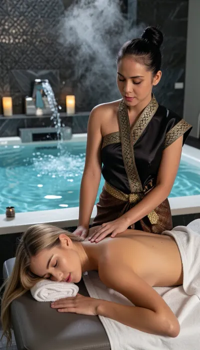 A cinematic, high-end realistic photography capturing the authentic atmosphere of a luxury oriental wellness spa. In the foreground, a beautiful young Western woman with distinct Caucasian features is lying face down on a professional massage table, her eyes are closed. Her long, silken blonde hair flows loosely over the edge of the headrest. A crisp white cotton towel is elegantly draped across her lower back and buttocks. Standing beside her, an authentic Thai masseuse with distinct Southeast Asian ethnic features, an authentic Bangkok facial structure with gentle epicanthic folds and softly rounded features, and her jet-black hair tied up in a neat bun is performing a traditional massage, her hands resting naturally on the client's shoulders, applying steady professional pressure. The masseuse has a warm golden-tan skin tone and wears a realistic, elegant modern Chut Thai spa uniform consisting of a dark silk wrap blouse with gold brocade patterns. The background clearly showcases a clean spa environment, a large, steaming luxury jacuzzi pool with active, bubbling water jets, set against a wall of textured dark slate stone. Volumetric soft ambient lighting cuts through the gentle steam, illuminating simple scented candles. Rich textures, natural skin pores, high contrast, shot on 35mm lens, photorealistic, 8k.