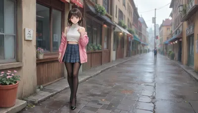masterpiece, best quality, ultra detailed, 8k, anime style, beautiful anime girl, short dark brown hair with slight waves, large expressive blue eyes, subtle blush, looking at viewer, wearing white sleeveless turtleneck crop top, pink jacket draped over shoulders, blue plaid pleated mini skirt, sheer black pantyhose, black strappy high heels with ribbon bows, standing confidently in the middle of a wet European-style street during a light summer rain, wet reflective pavement with puddles and reflections, rain droplets visible in the air, sunny rainy day, bright blue sky with white clouds, warm sunlight mixed with rain, detailed background, quaint shops with signs, street lamps, flower pots, outdoor cafe tables, cobblestone-style street, wet surfaces with realistic reflections, full body view, dynamic pose, one hand near chest, wet skin and clothes with water droplets, glistening legs and hair from rain, soft cinematic lighting, depth of field, bokeh, highly detailed face and eyes, beautiful proportions, <lora:outline_xl_kohaku_delta_spv5x:1.3>, <lora:NEOTOKIOXL_0.2_RC:.7>, <lora:Ppolar-P3v1-NbVp10:.7>, <lora:cartoon_stickers_xl_v1:.5>