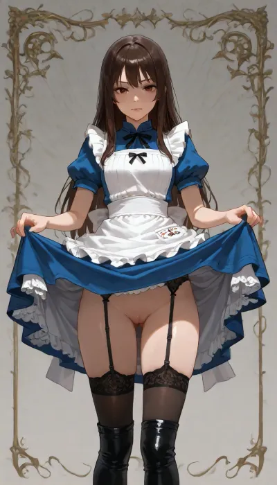 Alice Liddell, (Alice from Alice Madness returns), (American McGee Alice game series), Alice appearance, (Alice overall appearance), Alice hair, Alice eyes, Alice has straight, dark auburn hair that it cut just past the shoulder, which has a center parting and no fringe.
She wears a navy blue dress with short puffy sleeves, a fanned-out skirt that is cut to about mid-leg and a skull called Hollow Yves decorated with a white bow and ribbon. To complete the outfit, Alice wears a simple white apron over the dress, black-and-white stockings underneath, and black knee-high boots which are secured with silver buckles.
Her outfit sports astronomical symbols on the apron pockets, although they are depicted inconsistently throughout artwork and in-game models. In the remaster of American McGee's Alice, her in-game dress symbols are ♁, (Eris), and ♃, (Jupiter), like Madness Returns. She wears a silver necklace of the Greek letter Omega, Ω. Blood can be seen splattered over her apron and skirt.
She is 22 years old, Alice body, (Alice body proportions), beatiful body, nude from the bottom, (vagina), (shaved pussy), She is lifting up her dress and showing her pussy, looking at viewer, Completely white background, professional image, very detailed image, 4K image