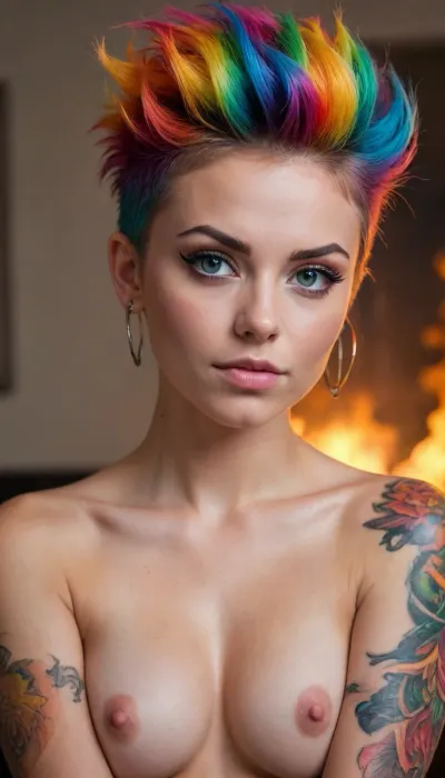 Color tattoo, gorgeous girl, fit abs, dyed fauxhawk, Rainbowiridal, Spiral, rainbowiridal, eyes, palette, Shiny..., Bright..., Intense, gaze, Fire, dragon, Amber, cat, Anthro..., woman, Genetically, modified..., <lora:Stunning_eyes_2:2>, <lora:Portrait_perfection:.8>