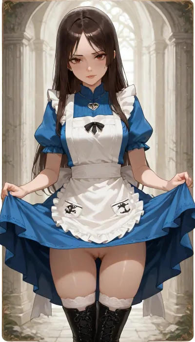 Alice Liddell, (Alice from Alice Madness returns), (American McGee Alice game series), Alice appearance, (Alice overall appearance), Alice hair, Alice eyes, Alice has straight, dark auburn hair that it cut just past the shoulder, which has a center parting and no fringe.
She wears a navy blue dress with short puffy sleeves, a fanned-out skirt that is cut to about mid-leg and a skull called Hollow Yves decorated with a white bow and ribbon. To complete the outfit, Alice wears a simple white apron over the dress, black-and-white stockings underneath, and black knee-high boots which are secured with silver buckles.
Her outfit sports astronomical symbols on the apron pockets, although they are depicted inconsistently throughout artwork and in-game models. In the remaster of American McGee's Alice, her in-game dress symbols are ♁, (Eris), and ♃, (Jupiter), like Madness Returns. She wears a silver necklace of the Greek letter Omega, Ω. Blood can be seen splattered over her apron and skirt.
She is 22 years old, Alice body, (Alice body proportions), beatiful body, nude from the bottom, (vagina), (shaved pussy), She is lifting up her dress and showing her pussy, looking at viewer, Completely white background, professional image, very detailed image, 4K image