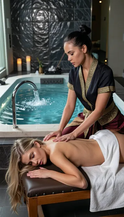 A cinematic, high-end realistic photography capturing the authentic atmosphere of a luxury oriental wellness spa. In the foreground, a beautiful young Western woman with distinct Caucasian features is lying face down on a professional wooden massage table, her eyes are closed. Her long, silken blonde hair flows loosely over the edge of the headrest. A crisp white cotton towel is elegantly draped across her lower back and buttocks. Standing beside her, an authentic Thai masseuse with distinct Southeast Asian ethnic features, an authentic Thai facial structure, and her dark hair tied up in a neat bun is performing a traditional massage, her arms and palms flat, pressing firmly into the skin of the upper back in a smooth, fluid professional motion. The masseuse has a warm golden-tan skin tone and wears a realistic, elegant modern Chut Thai spa uniform consisting of a dark silk wrap blouse with gold brocade patterns. The background clearly showcases a clean spa environment, a large, steaming luxury jacuzzi pool with active, bubbling water jets, set against a wall of textured dark slate stone. Volumetric soft ambient lighting cuts through the gentle steam, illuminating simple scented candles. Rich textures, natural skin pores, high contrast, shot on 35mm lens, photorealistic, 8k.