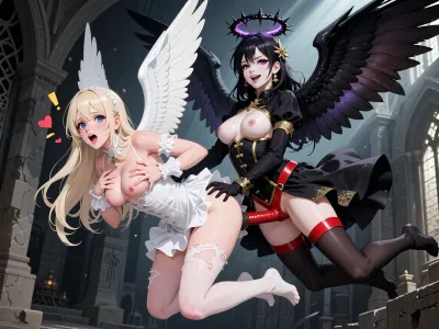 2 characters, WAngel1 is a blond white angel of 20 yo, long hair, pale-pink skin, supermodel body and superb shy face, white victorian dress teared apart and damaged, letting appear her perfect breast, her hands are touching her own naked tits, her wings are spread vertically upwards, she is, ((leaning over horizontally)), ((her legs are folded)), she is very arched, her big blue eyes fully open, she is moaning and smiling, she is floating in the air. Small exclamation and love signs on the side of her head. DAngel1 is a breathtaking dark angel woman of 27 yo with enormous wings, her skin is a very pale almost white, big eyes, elegant black and gold celestial dress with gold buttons moved by the wind backwards, circle of black thorns with violet halo floating above her head. DAngel1 is flying, floating in the air, arched, (feminine face with very large joyfull and smirk smile), she is behind WAngel1, DAngel1 is wearing a, (((strap-on red dildo secured by a red leather harness attached around waist))), ((DAngel1 is sodomizing WAngel1 in the ass)), ((with hands DAngel1 is holding WAngel1 body.)), Scene happening inside a gothic ruin with a dramatic diagonal ray of sunlight., ((true 2D flat illustration, 1990 TV anime style, flat cell shaded colors, clean sharp ink outlines, manga screen tones in shadow areas)), dark fantasy manga aesthetic, masterpiece manga illustration, ultra detailed. Complete view of the scene, including lights and feet.