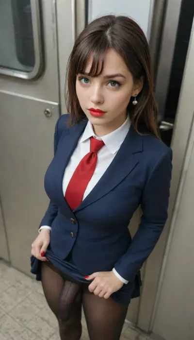 (Futanari:1.5), 20 years old, (solo:1.4), (medium penis:1.4), (erect penis:1.4), erect-futa, 1dickgirl, Gorgeous, beautiful face, (view from above:1.4), Office shirt, Train, Photoreal, thick thighs, Bangs, Red lips, white business suit with black under t-shirt, earrings, (light Black Pantyhose:1.3), Long hair, Brown hair, (Standing:1.5), (lifted up skirt:1.3), Penis under clothes, Fully clothed, (Penis in pantyhose:1.3), Pantyhose penis bulge, horny face, blazer, masturbation, squirming, head down, moaning, close up, (Looking at viewer:1.2), (pantyhose covered hard cock bulge:1.5), (pantyhose covered penis outline:1.3), (pantyhose covered penis head:1.4), alone, (blue blazer:1.4), (lifting up skirt:1.4), (red fingernails)