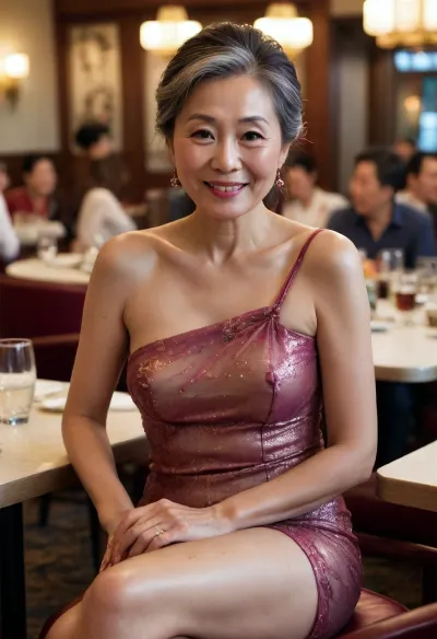 60-year-old chinese lady, elegant, dress slipping off one shoulder leaving one of her tits naked, sitting in fine restaurant, smiling