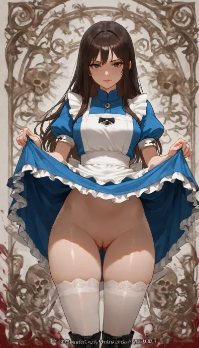 Alice Liddell, (Alice from Alice Madness returns), (American McGee Alice game series), Alice appearance, (Alice overall appearance), Alice hair, Alice eyes, Alice has straight, dark auburn hair that it cut just past the shoulder, which has a center parting and no fringe.
She wears a navy blue dress with short puffy sleeves, a fanned-out skirt that is cut to about mid-leg and a skull called Hollow Yves decorated with a white bow and ribbon. To complete the outfit, Alice wears a simple white apron over the dress, black-and-white stockings underneath, and black knee-high boots which are secured with silver buckles.
Her outfit sports astronomical symbols on the apron pockets, although they are depicted inconsistently throughout artwork and in-game models. In the remaster of American McGee's Alice, her in-game dress symbols are, (Eris), and, (Jupiter), like Madness Returns. She wears a silver necklace of the Greek letter Omega, Blood can be seen splattered over her apron and skirt.
She is 22 years old, Alice body, (Alice body proportions), beatiful body, nude from the bottom, (vagina), (shaved pussy), She is lifting up her dress and showing her pussy, looking at viewer, Completely white background, professional image, very detailed image, 4K image