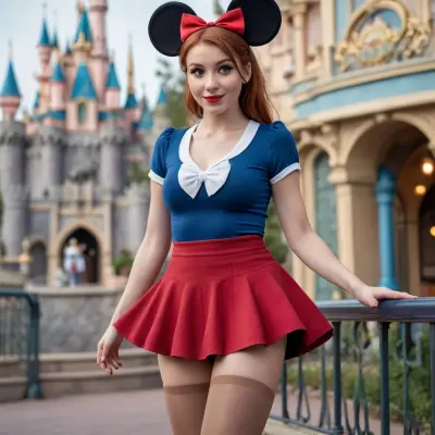 cinematic still, high resolution, realistic face, slender 28 yo girl, redhead, ponytail, mini mouse disguise, lifting her skirt, showing panties, brown pantyhose, high heels, posing, spreading legs, in disneyland