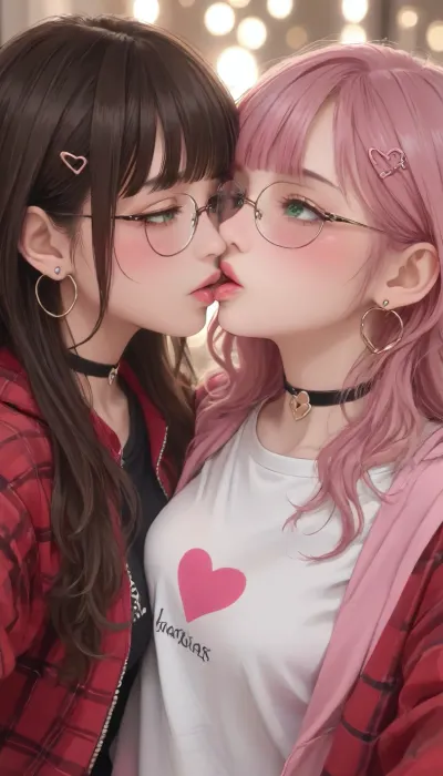 masterpiece, best quality, amazing quality, very 2women, adult women, 20s, anime style, selfie, two adult women kissing each other on the lips, french kiss, eyes closed in pleasure, lips touching, passionate kiss, brown hair woman with long straight hair and blunt bangs, yellow-green eyes, pink heart hair clip, black choker with heart pendant, heart print black t-shirt, red plaid jacket, small hoop earrings, blushing cheeks, dark brown hair woman with long wavy hair, blue-green eyes, round gold glasses, dark brown zip-up hoodie with white drawstrings, white t-shirt underneath, blushing intensely, bokeh background, warm pink tones, floating pink hearts, sparkles, close-up portrait, upper body, holding pink smartphone together, high quality, detailed, soft lighting, <lora:outline_xl_kohaku_delta_spv5x:1.3>, <lora:NEOTOKIOXL_0.2_RC:.7>, <lora:Ppolar-P3v1-NbVp10:.7>, <lora:cartoon_stickers_xl_v1:.5>