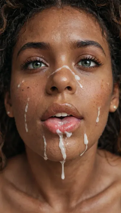 Face profile close-up, profile, naked African woman, African loose hair, thick plump lips of African woman, wide African nose with wide nostrils, green round, big eyes looking up, bukkake, cum on face, transparent white cum, one black cock near lips, tongue licking lips, facial expression of pleasure, eyes covered, all attention on face, very close