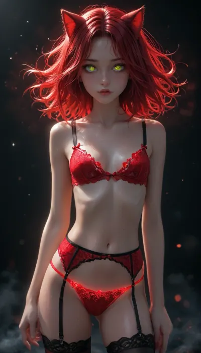 Dark black background, 1girl, detailed face, beautiful eyes, perfect illumination, (best shadow), slim body, cameltoe, {{small elastic breast}}, red hair, freckles, green eyes, superhero, perfect elastic ass, upper body portrait, Sexy lingerie with suspenders, glowing lace panties, lace garter belt, lace thigh high, glowing panties, glowing bra, sexy lace stockings with suspenders, thigh high boots, wet, hair wet, face wet, cat ears, Charming petite girl, (Multicolour bright Hairstyle), (charming eyes, bright red glowing pupils:1.5), showing pussy in panty_pull, <lora:Red_and_black__gothic_fantasy-000007:2>, <lora:light_contour_sdxl:2>, <lora:Glowing_beach:2>, <lora:glowneon_xl_v1:2>