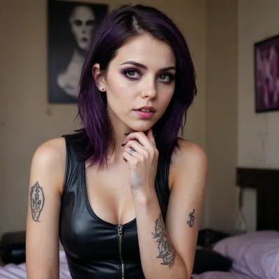 high details, 4k shot, 22yo, realistic eyes, perfect face, perfect teeth, emo makeup, purple finger nails satanic tatoos on arms, straight dark hairs, black miniskirt, purple tights, black leather vest, in old abandoned bedroom, graphs on wall, dim light