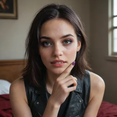 high details, 4k shot, 22yo, realistic eyes, perfect face, perfect teeth, emo makeup, purple finger nails satanic tatoos on arms, straight dark hairs, black miniskirt, purple tights, black leather vest, in old abandoned bedroom, dim light