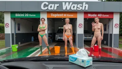 (POV from inside a car), (An opened pack of paper tissues can be seen on the car's dashboard), A young cashier in a summer dress leans into the driver's car. Approximately 10 meters in front of the car stand three car wash bays that resemble garages.
A lane marking is visible leading from each car wash bay toward the viewer, the left marking is green, the middle one is orange, and the right one is red.
Above the left opened car wash bay is a green sign reading "Bikini 20 Euros". in the car wash bay stands a small green plastic bucket, filled with water and a sponge.
Above the opened middle car wash bay is an orange sign reading "Topless 30 Euros". in the car wash bay stands a small orange plastic bucket, filled with water and a sponge.
Above the opened right car wash bay is a red sign reading "Nude 40 Euros". in the car wash bay stands a small red plastic bucket, filled with water and a sponge.
The floor in the individual car wash bays is wet.
Above the individual signs, there is a large grey sign spanning the entire width, bearing the inscription "Car Wash".
In front of the left car wash bay stands a beautyful girl in a green bikini, with tight panty and tight bra, she is wearing green rubber boots. The girl stands with her arms crossed and a polite smile.
In front of the middle car wash bay stands a beautyful girl in a skimpy orange panty, topless, she is wearing orange rubber boots. The girl placed her hands on her hips, seductive smile.
In front of the right car wash bay stands a beautyful totally nude girl, shaved pussy, she is wearing only red rubber boots. The girl waves the viewer closer invitingly, with a warm smile.