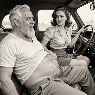 This is a detailed monochromatic pencil drawing in a classical illustrative style depicts a scene set after blowjob in 1950s, (obese bearded white haired older dilf in passenger seat receiving handjob by Beautiful sexy brown elegant hairstyle mother in driver seat), POV, lustful smile, focused on hairy scrotum, milf woman in driver seat is helping older dilf cum, precum, dripping older dilf's cocks, (((Beautiful sexy brown elegant hairstyle mother with hourglass figure, she is wearing in an open blouse and a skirt, (wide hips)))), (the man one hand grops woman's hip), undersides of penis, ((a woman looks at a man's penis)), dimly lit, tiny penis, sitting in car, fat and skinny, receiving handjob, v neck t shirt pulled up above big hairy belly, ((pubic hair:1.7)), ((scene after blowjob:1.5)), (((cum on woman's face and lips))), sweatpants pulled down, masturbation, hairy scrotum. The overall mood is intense, rendered in fine, expressive line work and subtle shading, evoking the style of 1950s satirical or moralistic illustrations.