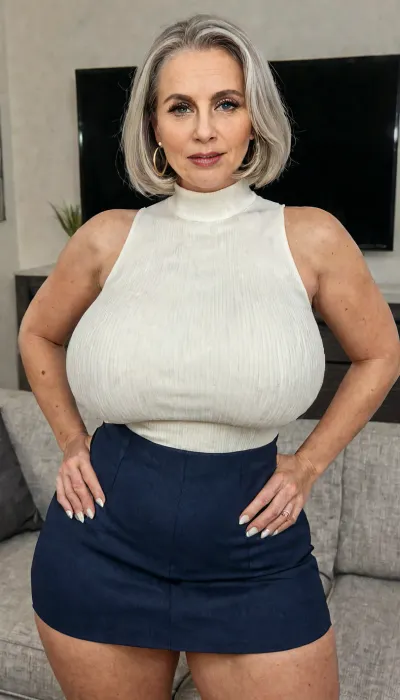45 year old mom, (M.I.L.F), is at a casting couch trying out for a new porn movie. She is wearing a slit skirt with a sleeveless shirt. She is standing up straight with her legs spread., ((45 years old)), ((45 year old mom)), ((thick thighs)), ((hyper massive tear drop boobs)), ((extremely detailed 45 year old mom)), ((extremely detailed)), ((extremely real)), ((4k quality)), ((slit skirt with a sleeveless shirt)), perfect, eyes, skin, blemish, detailed, longnips, <lora:polyhedron_all_sdxl-000004:2>, <lora:Saggo_XL:2>, <lora:sd_xl_dpo_lora_v1:2>, <lora:face_xl_v0_1:2>, <lora:longnipsxl:.5>