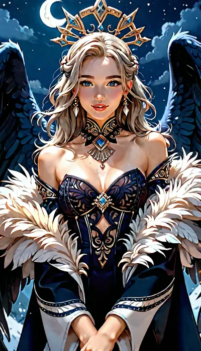 A drawing of The Dark Angel. It is midnight. A pale, ethereal young woman stands in a quiet moonlit night, her presence calm and solemn like a supernatural guardian. Her long black dress flows softly in the cool wind, and shadow‑like wings hover behind her with weightless, graceful movement, more like drifting darkness than feathers. Her expression is deep and introspective, carrying quiet sorrow and unspoken strength, as if she belongs to another world. Soft silver moonlight outlines her face and shoulders, giving her an unearthly glow. Her posture is balanced and natural — relaxed shoulders, gentle head tilt, a stillness that feels ancient and spiritual. Fine, understated accessories hint at old, sacred symbolism without breaking the purity of her image. Mist drifts around her feet, and the night landscape feels hushed and reverent, as if nature itself recognises her as a mysterious, powerful, and tragic being.
---, ratatatat74, <lora:LCMTurboMix_Euler_A_fix:1.5>, <lora:ratatatat74-000050:.8>