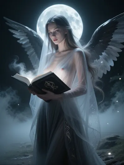 Create a portrait of The Dark Angel, A tall, ethereal female spirit standing beneath a pale moon, her form partially transparent, soft light passing through her body and wings. She appears half‑real, half‑spirit, edges dissolving gently into thick mist. Long flowing hair drifting weightlessly, a faint inner glow beneath her skin, like moonlight trapped inside her. Her wings are translucent shadow, fading into the night air. She holds a large open book made of shadow‑light, its pages glowing faintly with runes, symbols and soft mist rising from the text. Her eyes reflect the glow of the book, faintly luminous. Her posture is calm and purposeful as she reads. The gown is made of thin, luminous fabric that becomes mist at the edges. A translucent shroud draped over her form, delicate as mist, faintly textured like fine silk or dew‑woven threads. The book beneath glows softly, its light diffusing upward through the veil, illuminating her face. The veil catches faint moonlight at its edges, revealing her silhouette but never her skin. The fabric darkens toward the hem, moon‑graphite tones. She stands in a quiet, moonlit clearing surrounded by drifting fog, the environment subtly visible through her silhouette. Soft, spectral, serene, otherworldly.

cinematic lighting, soft diffusion, pale cool tones, moonlit glow, gentle rim‑light, atmospheric depth, delicate highlights, dreamlike realism, painterly detail, subtle motion in the mist

full‑body view, centred figure, soft focus background, faint light rays, drifting particles, calm posture, slight forward lean, wings spread softly

colour palette of moon‑grey, charcoal mist, desaturated blue‑black tones, no pure white, soft reflective highlights like moonlight on dark silk, translucent greys instead of bright whites, subtle cool undertones, luminous shadows rather than bright glow