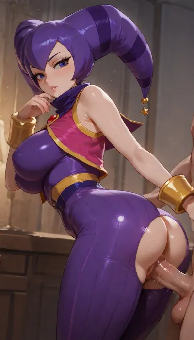 1girl, Nights, (character), (Nights from, NIGHTS series), (Nights from, Nights into dreams game), she is 20 years old, NiGHTS has a thin, humanoid form, beige skin, large bluish-purple/purplish-blue eyes with slitted pupils. They also have large, black eyelashes. They wear a violet and dark purple-striped two-horned purple jester cowl on their head, NiGHTS wears a purple and white unitard or possibly purple unitard with a white shirt, the sleeves are baggy with purple and yellow cuffs. NiGHTS' clothes are embroidered with silver thread on the arms and legs. They also wear a small sleeveless pink vest with yellow trim and 4 yellow star-like buttons on it, with 2 on the left side, and 2 on the right side. Big round boobs, big thigs, big round ass, Her pants are ripped off so that her ass and vagina are visible, (vagina), (shaved pussy), Male anon, completely nude male anon, (Big Penis), (shaved penis), big balls, (Anon is having a vaginal sex with Nights), ((vaginal sex from behind)), side view, professional image, very detailed image, 4K image