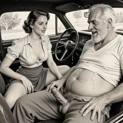 This is a detailed monochromatic pencil drawing in a classical illustrative style depicts a scene set after blowjob in 1950s, (obese bearded white haired older dilf in passenger seat receiving handjob by Beautiful sexy brown elegant hairstyle mother in driver seat), POV, lustful smile, focused on hairy scrotum, mother in driver seat is helping older dilf cum, precum, dripping older dilf's cocks, (((Beautiful sexy brown elegant hairstyle mother with hourglass figure, she is wearing in an open blouse and a skirt, (wide hips)))), (the man one hand grops woman's hip), undersides of penis, ((a woman looks at a man's penis)), dimly lit, tiny penis, sitting in car, fat and skinny, receiving handjob, v neck t shirt pulled up above big hairy belly, ((pubic hair:1.7)), ((scene after blowjob:1.5)), (((a lot cum on woman's face and lips))), sweatpants pulled down, masturbation, hairy scrotum. The overall mood is intense, rendered in fine, expressive line work and subtle shading, evoking the style of 1950s satirical or moralistic illustrations.