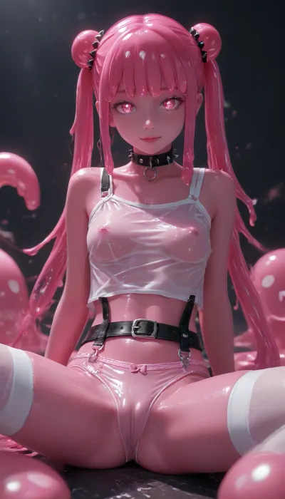 Dark black background, (charming eyes, big bright pink glowing pupils:1.5), petite short-statured slime girl with, round cute face, big charming eyes, and anime-style eyes, erotic sexy smile, Charming petite girl, Multicolour bright pink Hairstyle, two bun of hair in the shape of round ears, long hair, looking at viewer, bangs, hair ornament, bow, ribbon, bare shoulders, twintails, very long hair, voluminous hairstyle, glowing pink iridescent hair, medium elastic breast, sexy belt suspenders for stockings, and a spiked black collar around the neck, spread legs, (slime girl:1.5), erect nipples, White Short top, no bra under top, wet transparent top, (cameltoe:1.5), showing pussy under transparent panties G-string, Pink tentacles wrap around feminine legs, White stockings, very wet horts in pink slime, pink hair, (pink skin:1.9), <lora:light_contour_sdxl:2>, <lora:Glowing_beach:2>, <lora:glowneon_xl_v1:2>, <lora:Pink_Slime-000006:2>