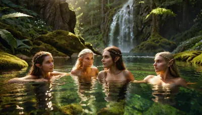 In a high-detail, photorealistic scene, a group of young elf women, bathing in a hidden mountain pool, the soft sunlight bathing their skin, the lush forest behind them slightly veiled in a mist, hint of magic in the air, warm color tones, every detail of her serene body, the fabric texture, and the water’s clarity rendered in perfect focus, creating a tranquil, romantic escape on this golden summer day, <lora:photorealistic_portrait_notrigger:.8>, <lora:sunlight_str1-SDXL_v1-dim64-steps1691:.8>