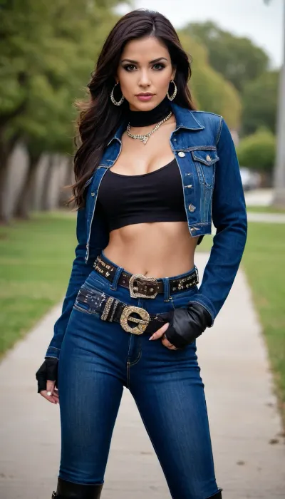 beautiful sexy model latino 25 years, yellow skin, large cute brown eyes, full makeup, thin lips, very long silky dark black brown hair with very long silky extensions, very tall, 6"1, empty chest, big fake round tits, erected nipples, wearing dark blue denim cropped hooker jacket with long sleeve, wear emo gloves, wear bling metallic sexy belt, wear long dark blue jeans, wear jewelry, latino earrings, neck chocker, full body show, black boots