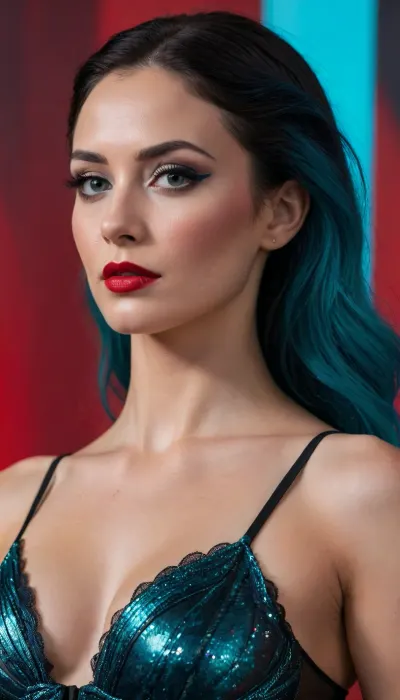 The image is a close-up, profile shot of a woman illuminated by a strong red light, giving the scene an intense and dramatic atmosphere. The woman has dark hair with striking teal-blue streaks that transition from black at the roots. She is wearing dramatic makeup, including heavy winged eyeliner and dark, almost black lipstick. On her cheek and extending towards her temple, she has applied shimmering white glitter or small facial gems in an abstract cluster.

She is looking towards her right, with her head slightly tilted down. Her gaze appears to be directed at something she is holding in her right hand, which is a slender, dark object, possibly a cell phone or a compact makeup mirror. Her fingernails are painted black.

She is wearing a black camisole or bra with thin straps and a sheer, possibly lace or mesh, overlay across the décolletage area. She has a tattoo visible on her upper chest, appearing to be a tribal design or stylized wings. Another smaller tattoo, possibly of feathers, is visible on her chest. A faint tattoo of what looks like a snake is on her left upper arm, which is also visible in the frame.

In her left hand, she is holding a clear glass object, which appears to be a small bottle, possibly containing a liquid, and she is holding it near her arm.

The background is mostly a plain, light blue wall, with a subtle horizontal line suggesting a separation or edge. The red lighting washes over the entire scene, creating highlights and shadows that accentuate the contours of her face and body. The overall composition is tight on the woman, emphasizing her features and the details of her adornments and the objects she is interacting with. The vibrant red light is the dominant color element, contrasting with the teal in her hair and the subtle blue of the background.