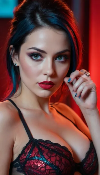 The image is a close-up, profile shot of a woman illuminated by a strong red light, giving the scene an intense and dramatic atmosphere. The woman has dark hair with striking teal-blue streaks that transition from black at the roots. She is wearing dramatic makeup, including heavy winged eyeliner and dark, almost black lipstick. On her cheek and extending towards her temple, she has applied shimmering white glitter or small facial gems in an abstract cluster.

She is looking towards her right, with her head slightly tilted down. Her gaze appears to be directed at something she is holding in her right hand, which is a slender, dark object, possibly a cell phone or a compact makeup mirror. Her fingernails are painted black.

She is wearing a black camisole or bra with thin straps and a sheer, possibly lace or mesh, overlay across the décolletage area. She has a tattoo visible on her upper chest, appearing to be a tribal design or stylized wings. Another smaller tattoo, possibly of feathers, is visible on her chest. A faint tattoo of what looks like a snake is on her left upper arm, which is also visible in the frame.

In her left hand, she is holding a clear glass object, which appears to be a small bottle, possibly containing a liquid, and she is holding it near her arm.

The background is mostly a plain, light blue wall, with a subtle horizontal line suggesting a separation or edge. The red lighting washes over the entire scene, creating highlights and shadows that accentuate the contours of her face and body. The overall composition is tight on the woman, emphasizing her features and the details of her adornments and the objects she is interacting with. The vibrant red light is the dominant color element, contrasting with the teal in her hair and the subtle blue of the background.