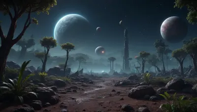 by night, alien planet, alien jungle, some planets satelite visible in sky