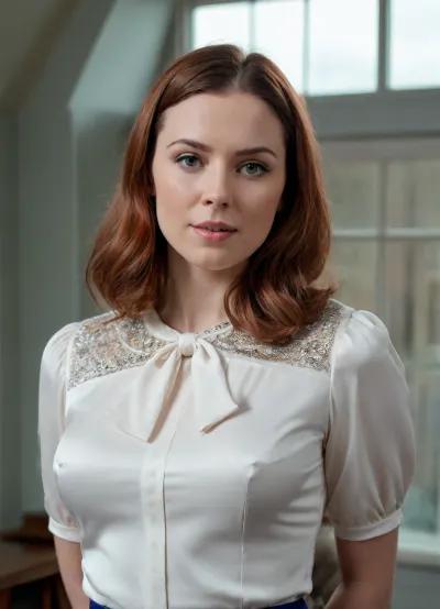 Aberdeen, bow, blouse, <lora:56a206e8-def0-49c2-b599-66069ac558c5.TA_trained:.8>, dormer101, <lora:Natalie_Dormer_SDXL_101:.8>