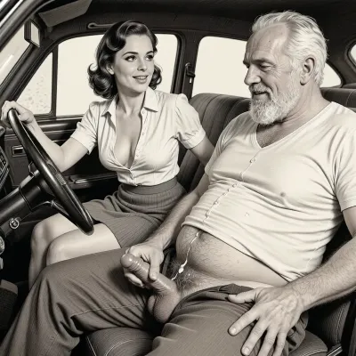 This is a detailed monochromatic pencil drawing in a classical illustrative style depicts a scene set after blowjob in 1950s, (obese bearded white haired older dilf in passenger seat receiving handjob by Beautiful sexy brown elegant hairstyle mother in driver seat), POV, lustful smile, focused on hairy scrotum, milf woman in driver seat is helping older dilf cum, precum, dripping older dilf's cocks, (((Beautiful sexy brown elegant hairstyle mother with hourglass figure, she is wearing in an open blouse and a skirt, (wide hips)))), (the man one hand grops woman's hip), undersides of penis, ((a woman looks at a man's penis)), dimly lit, tiny penis, sitting in car, fat and skinny, receiving handjob, v neck t shirt pulled up above big hairy belly, ((pubic hair:1.7)), ((scene after blowjob:1.5)), cum on woman's lips, sweatpants pulled down, masturbation, hairy scrotum. The overall mood is intense, rendered in fine, expressive line work and subtle shading, evoking the style of 1950s satirical or moralistic illustrations.