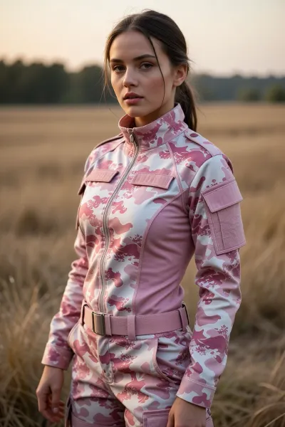 A young woman wearing a modern pink and white camouflage military-style uniform, standing confidently in an open field at golden hour. Detailed tactical clothing with pink and white camo pattern, realistic fabric textures, natural pose, athletic build, soft natural lighting, highly detailed face, sharp focus, professional photography, shallow depth of field, ultra realistic, 85mm lens, cinematic composition, high dynamic range, masterpiece quality, realistic skin texture, natural colors, outdoor environment.