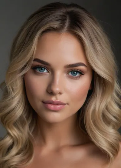 Hair — Massive voluminous champagne blonde balayage blow-dry, large barrel curls framing face on both sides
Skin — Deep golden bronze spray tan, extreme dewy glow, blinding cheekbone highlight
Eyes — Light blue eyes, Small hooded doe eyes, downward outer corner, long wispy lash extensions, zero eyeshadow
Face Shape — Round, full chubby cheeks, soft baby-faced proportions
Lips — Soft natural pink-nude, one-sided gentle smirk, no gloss or liner
heavy bright makeup, light contour, light make up around eyes, looks brighter